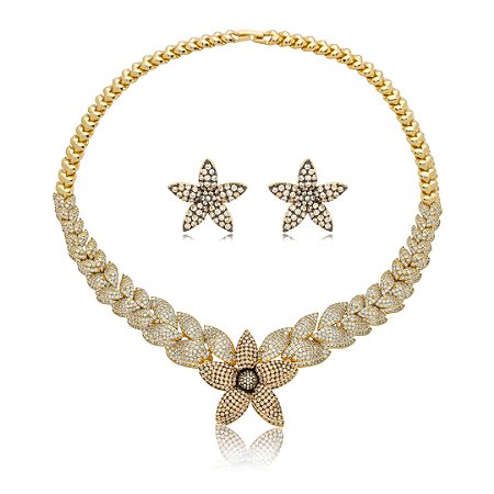 Conjunto de brinco e colar cravejado zirconia cristal banho em ouro 18k
