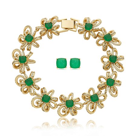 Conjunto de brinco e pulseira cravejado de zirconia e pedra fusion banho em ouro 18k