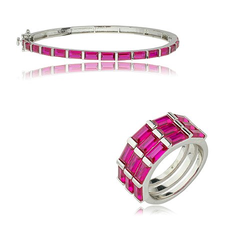Conjunto de anel e bracelete cravejado de zirconia pink banho em rodio branco