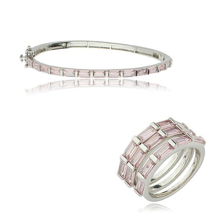 Conjunto de anel e bracelete cravejado de zirconia rosa banho em rodio branco