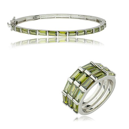 Conjunto de anel e bracelete cravejado de zirconia oliva banho em rodio branco