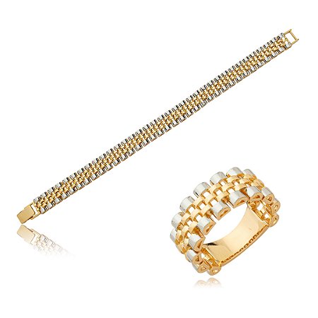 Conjunto de pulseira e anel liso banho duplo