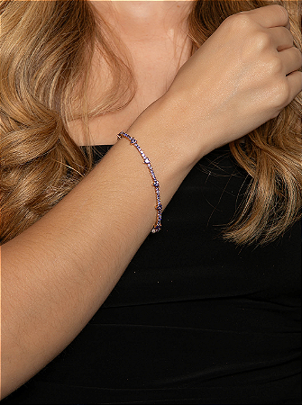 Pulseira riviera de coração cravejada de zircônia ametista banho em ouro 18k
