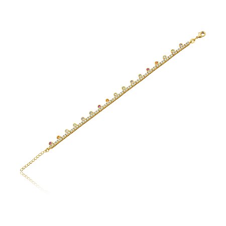 Pulseira cravejada de zirconia rainbow banho em ouro 18k
