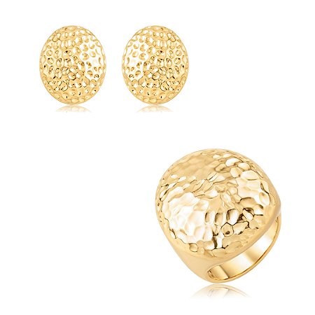 Conjunto de brinco e anel martelado liso banho em ouro 18k