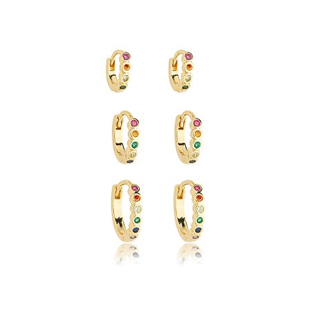 Brinco de trio argola cravejado de zirconia rainbow banho em ouro 18k