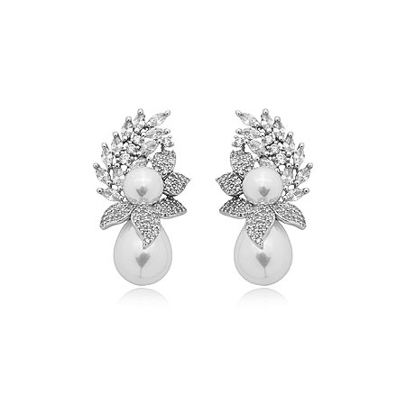 Brinco de perola cravejado de zirconia cristal banho em rodio branco