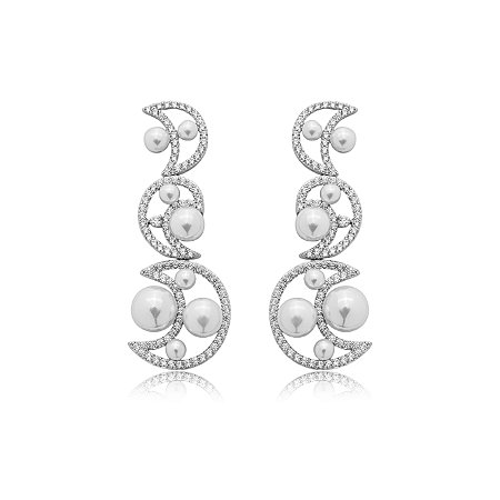 Brinco de perola cravejado de zirconia cristal banho em rodio branco