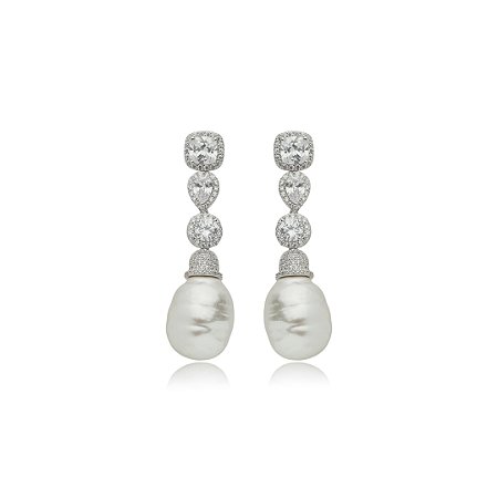 Brinco de perola cravejado de zirconia cristal banho em rodio branco