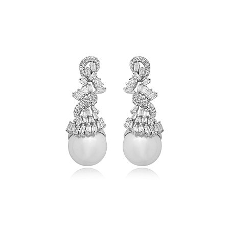Brinco de perola cravejado de zirconia cristal banho em rodio branco
