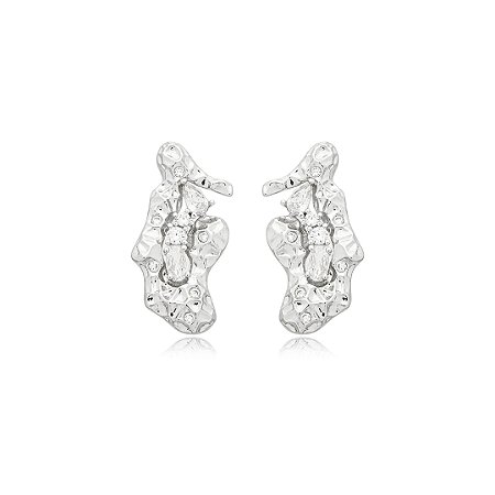 Brinco orgânico martelado cravejado de zirconia cristal banho em rodio branco