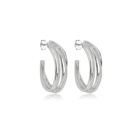 Brinco de argola cravejado de zirconia cristal banho em rodio branco