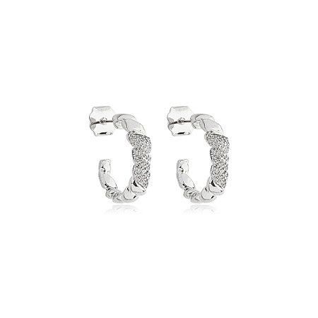 Brinco de argola cravejado de zirconia cristal banho em rodio branco