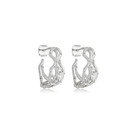 Brinco de argola orgânico cravejado de zirconia cristal banho em rodio branco