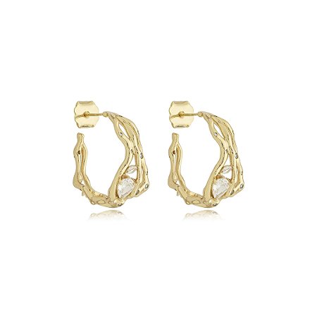 Brinco de argola orgânico cravejado de zirconia cristal banho em ouro 18k