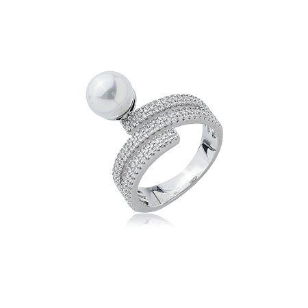 Anel cravejado de zirconia cristal banho em rodio branco