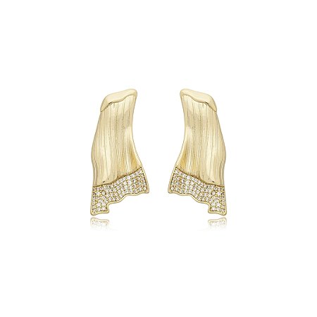 Brinco escovado cravejado de zirconia cristal banho em ouro 18k