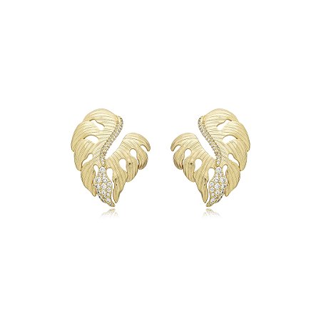 Brinco escovado cravejado de zirconia cristal banho em ouro 18k