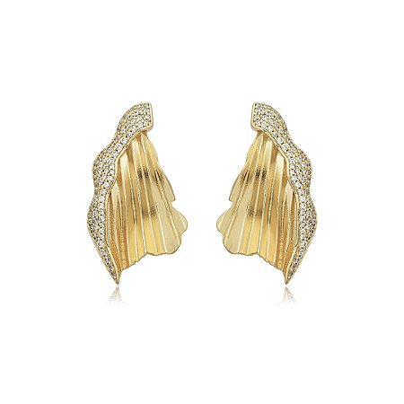 Brinco escovado cravejado de zirconia cristal banho em ouro 18k