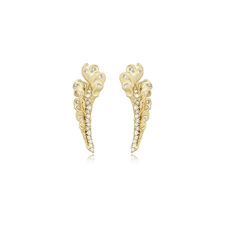 Brinco escovado cravejado de zirconia cristal banho em ouro 18k