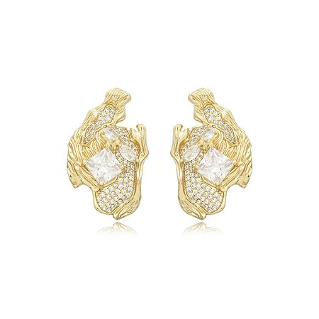 Brinco escovado organico cravejado de zirconia cristal banho em ouro 18k