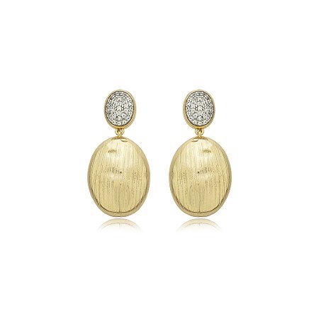 Brinco escovado cravejado de zirconia cristal banho em ouro 18k
