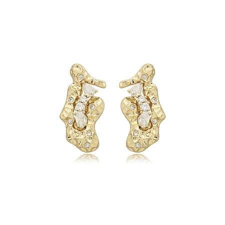 Brinco organico martelado cravejado de zirconia cristal banho em ouro 18k
