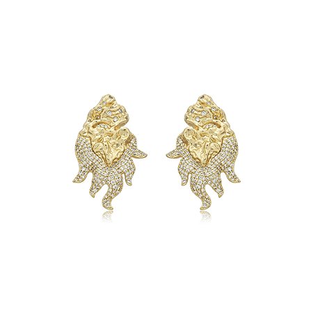 Brinco organico martelado cravejado de zirconia cristal banho em ouro 18k