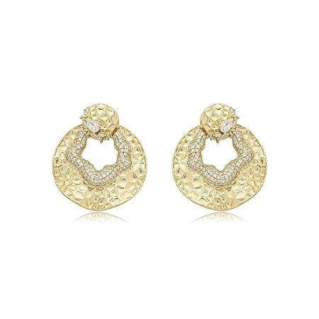 Brinco martelado cravejado de zirconia cristal banho em ouro 18k