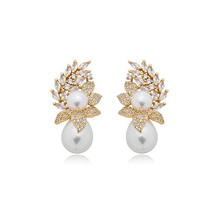 Brinco de perola cravejado de zirconia cristal banho em ouro 18k