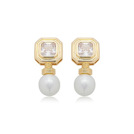 Brinco de perola cravejado de zirconia cristal banho em ouro 18k