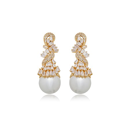 Brinco de perola cravejado de zirconia cristal banho em ouro 18k