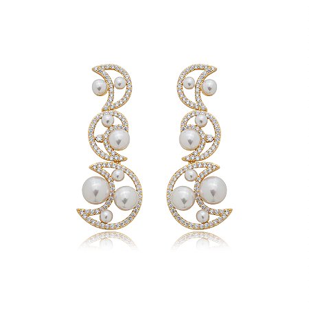 Brinco de perola cravejado de zirconia cristal banho em ouro 18k