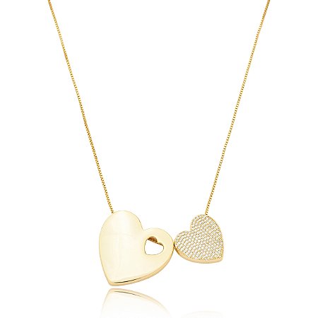 Colar com pingente de coração cravejado de zirconia cristal banho em ouro 18k