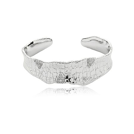 Bracelete escovado cravejado de zirconia cristal banho em rodio branco