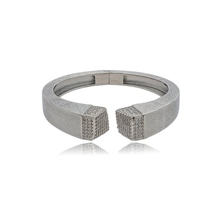 Bracelete escovado cravejado de zirconia cristal banho em rodio branco