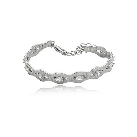 Bracelete escovado cravejado de zirconia cristal banho em rodio branco