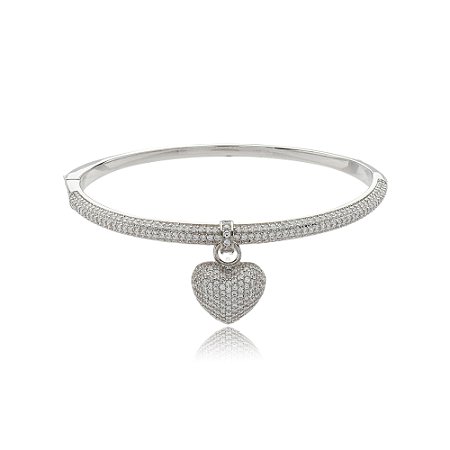 Bracelete de coração cravejado de zirconia cristal banho em rodio branco