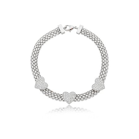 Pulseira de coração cravejado de zirconia cristal banho em rodio branco