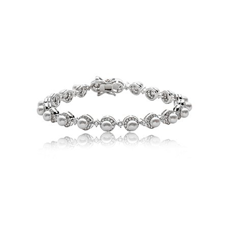 Pulseira de perola cravejado de zirconia cristal banho em rodio branco