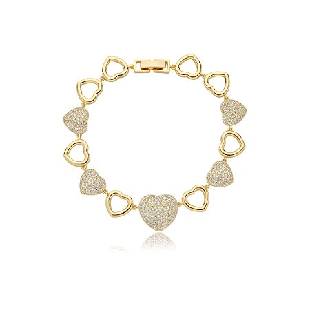 Pulseira de coração cravejado de zirconia cristal banho em ouro 18k