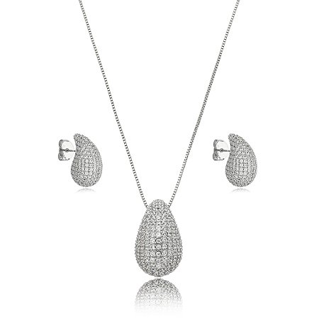 Conjunto de brinco e colar cravejado de zirconia cristal banho em rodio branco