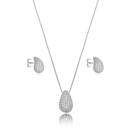 Conjunto de brinco e colar cravejado de zirconia cristal banho em rodio branco