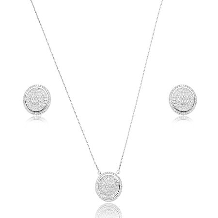 Conjunto de brinco e colar cravejado de zirconia cristal banho em rodio branco