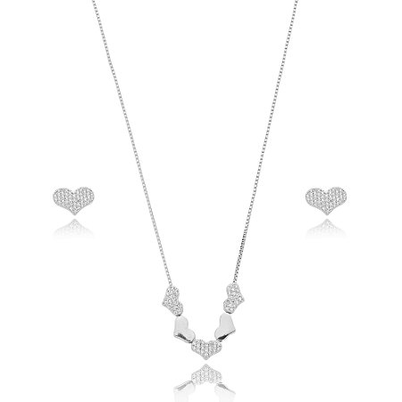 Conjunto de brinco e colar de coração cravejado de zirconia cristal banho em rodio branco