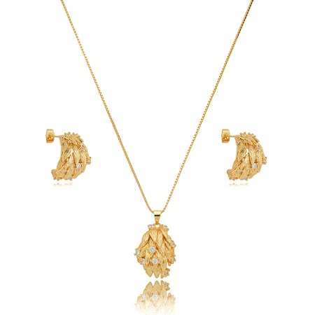Conjunto de brinco e colar cravejado de zirconia cristal banho em ouro 18k