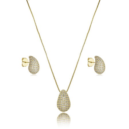 Conjunto de brinco e colar cravejado de zirconia cristal banho em ouro 18k