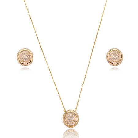Conjunto de brinco e colar cravejado de zirconia cristal banho em ouro 18k