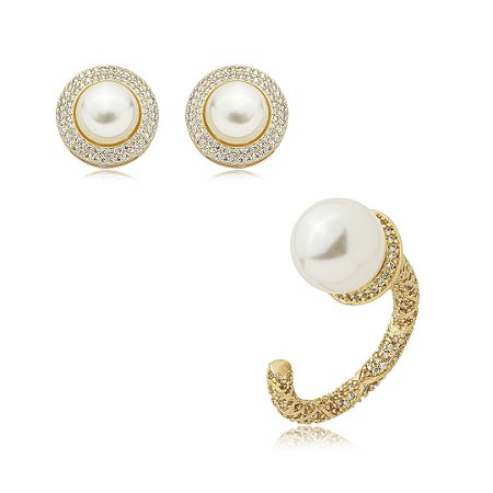 Conjunto de brinco e anel de pérola cravejado de zirconia cristal banho em ouro 18k