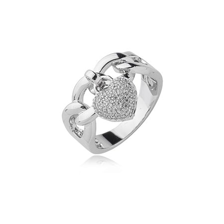Anel de coração com zirconia cristal banho em rodio branco